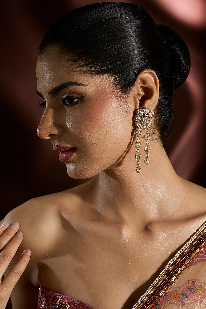 Yellow Gold Finish Moissanite Polki & Swarovski Dangler Earrings In Sterling Silver by STELLA CREATIONS at Pernia's Pop Up Shop