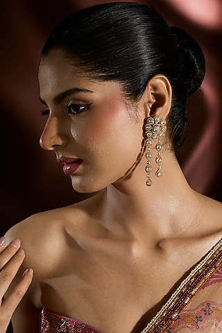 Yellow Gold Finish Moissanite Polki & Swarovski Dangler Earrings In Sterling Silver by STELLA CREATIONS
