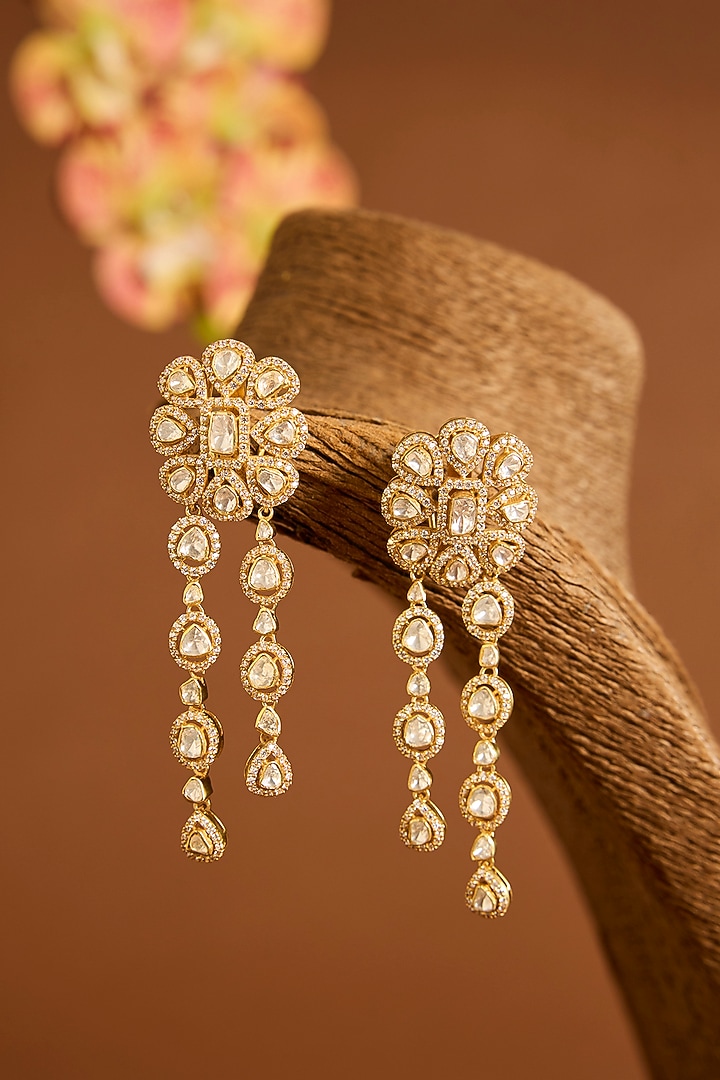 Yellow Gold Finish Moissanite Polki & Swarovski Dangler Earrings In Sterling Silver by STELLA CREATIONS at Pernia's Pop Up Shop