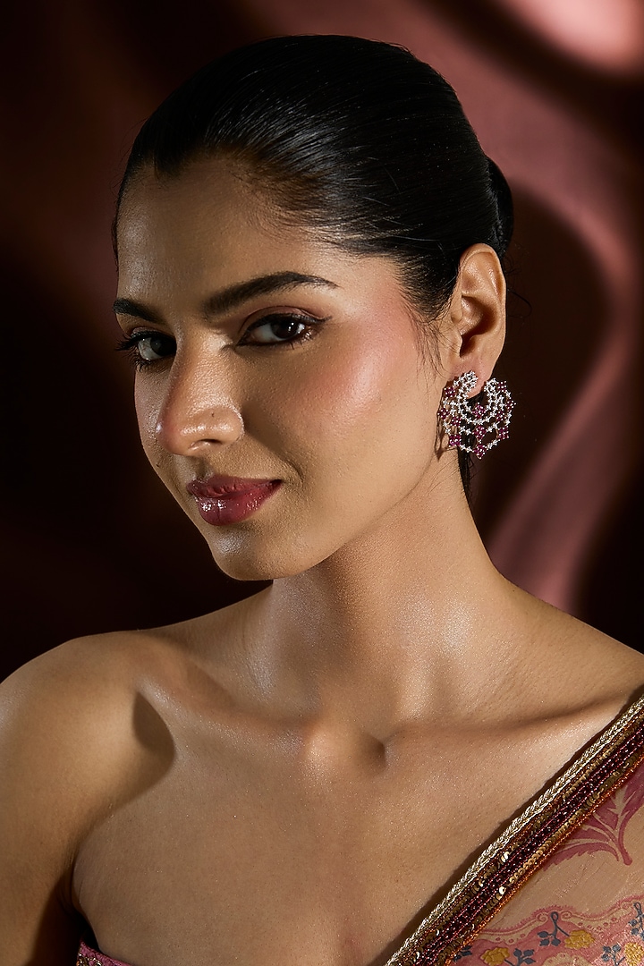 White Gold Finish Swarovski & Ruby Stud Earrings In Sterling Silver by STELLA CREATIONS at Pernia's Pop Up Shop