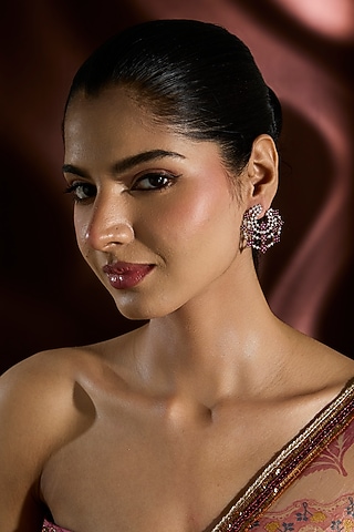 White Gold Finish Swarovski & Ruby Stud Earrings In Sterling Silver by STELLA CREATIONS