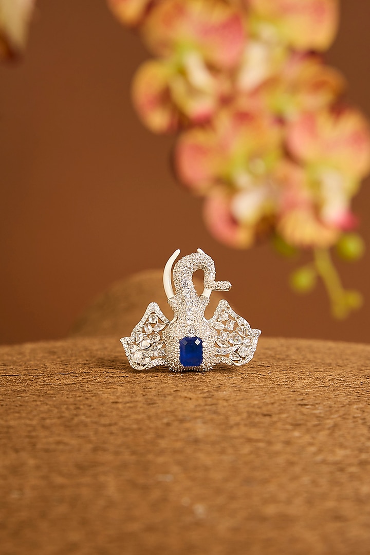 White Gold Finish Swarovski & Sapphire Brooch Cum Pendant In Sterling Silver by STELLA CREATIONS at Pernia's Pop Up Shop