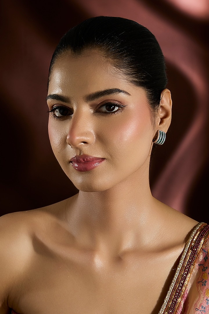 White Gold Finish Swarovski & Emerald Stud Earrings In Sterling Silver by STELLA CREATIONS at Pernia's Pop Up Shop