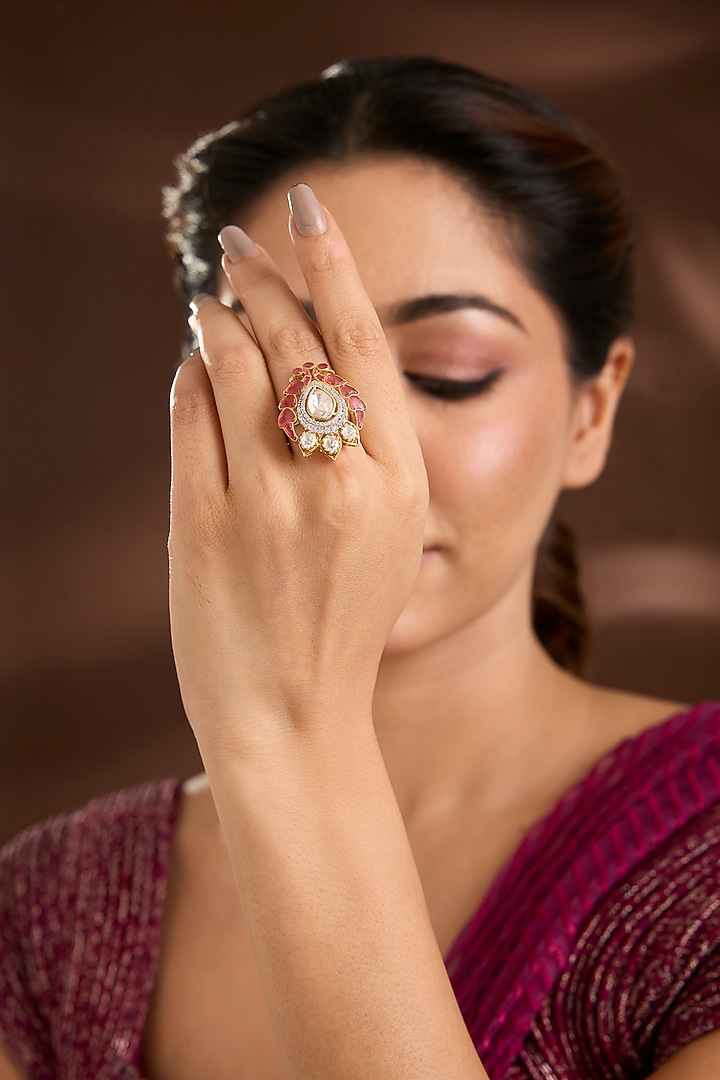 Yellow Gold Finish Moissanite Poki & Ruby Stone Ring In Sterling Silver by STELLA CREATIONS at Pernia's Pop Up Shop