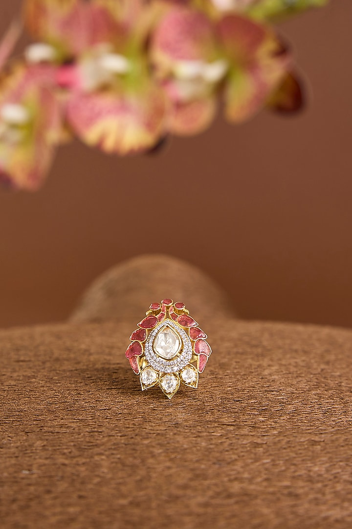 Yellow Gold Finish Moissanite Poki & Ruby Stone Ring In Sterling Silver by STELLA CREATIONS at Pernia's Pop Up Shop