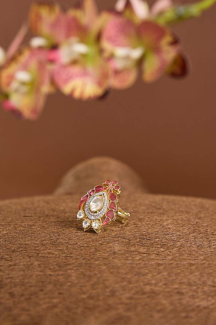 Yellow Gold Finish Moissanite Poki & Ruby Stone Ring In Sterling Silver by STELLA CREATIONS at Pernia's Pop Up Shop