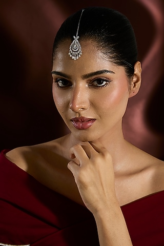 White Gold Finish Swarovski Maangtikka In Sterling Silver by STELLA CREATIONS