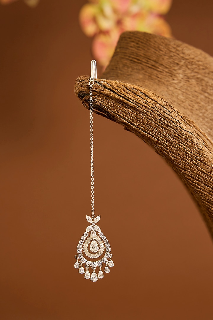 White Gold Finish Swarovski Maangtikka In Sterling Silver by STELLA CREATIONS at Pernia's Pop Up Shop