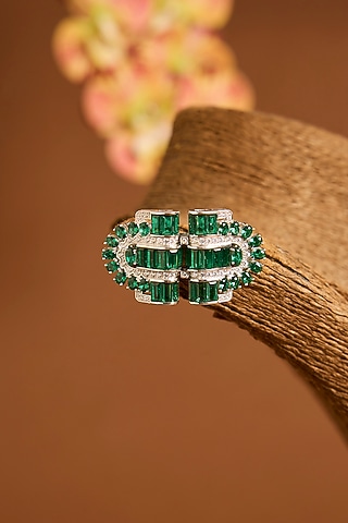 White Gold Finish Eurostar Swarovski & Emerald Brooch Cum Pendant In Sterling Silver by STELLA CREATIONS