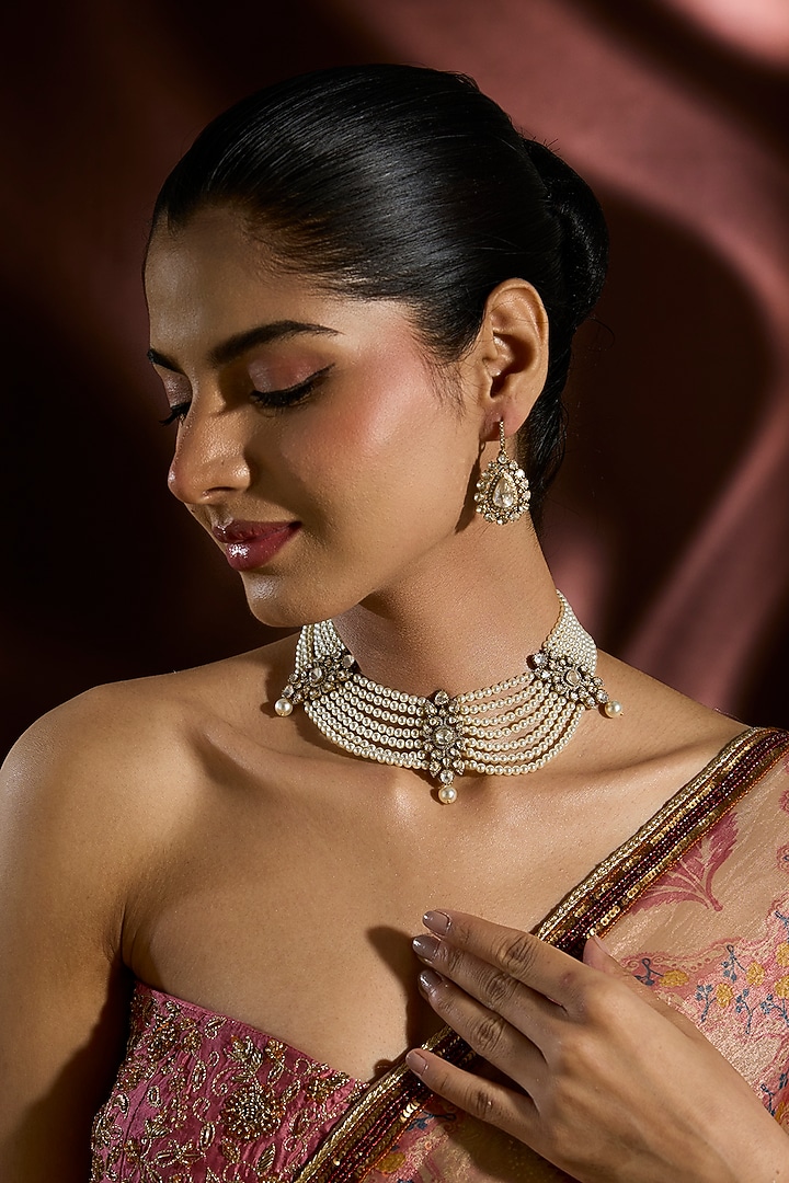 Yellow Gold Finish Moissanite Polki & Swarovski Necklace Set In Sterling Silver by STELLA CREATIONS at Pernia's Pop Up Shop
