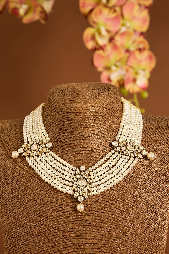 Yellow Gold Finish Moissanite Polki & Swarovski Necklace Set In Sterling Silver by STELLA CREATIONS at Pernia's Pop Up Shop