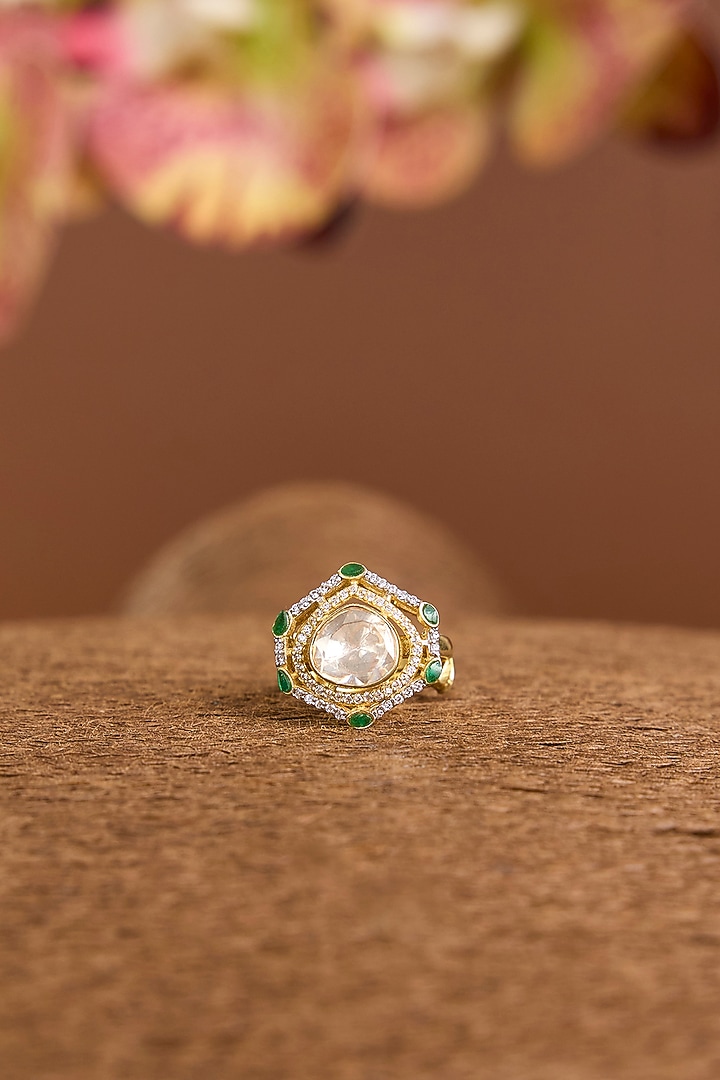Yellow Gold Finish Moissanite Poki & Emerald Stone Ring In Sterling Silver by STELLA CREATIONS at Pernia's Pop Up Shop
