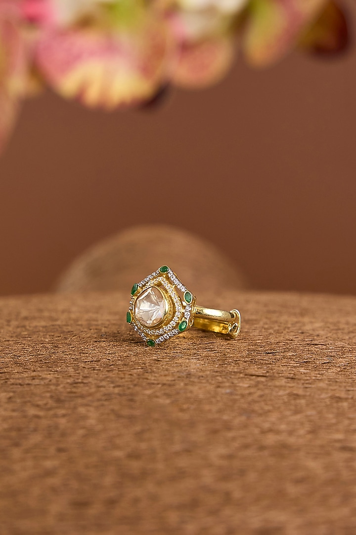 Yellow Gold Finish Moissanite Poki & Emerald Stone Ring In Sterling Silver by STELLA CREATIONS at Pernia's Pop Up Shop