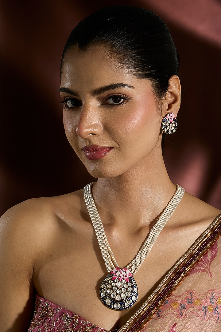 Yellow Gold Finish Moissanite Polki & Swarovski Enameled Long Necklace Set In Sterling Silver by STELLA CREATIONS at Pernia's Pop Up Shop