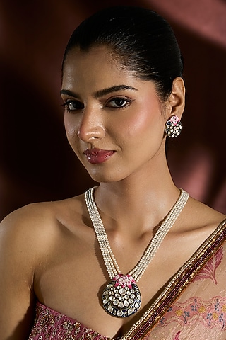 Yellow Gold Finish Moissanite Polki & Swarovski Enameled Long Necklace Set In Sterling Silver by STELLA CREATIONS