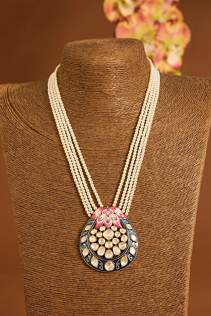 Yellow Gold Finish Moissanite Polki & Swarovski Enameled Long Necklace Set In Sterling Silver by STELLA CREATIONS at Pernia's Pop Up Shop