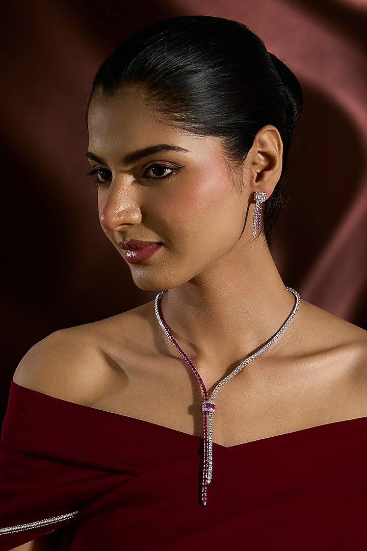 White Gold Finish Ruby & Swarovski Long Necklace Set In Sterling Silver by STELLA CREATIONS at Pernia's Pop Up Shop