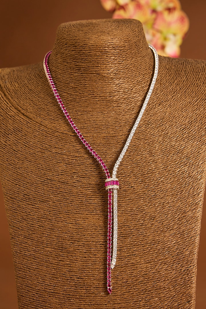 White Gold Finish Ruby & Swarovski Long Necklace Set In Sterling Silver by STELLA CREATIONS at Pernia's Pop Up Shop