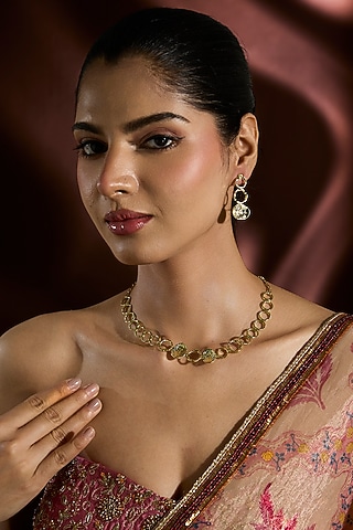 Yellow Gold Finish Swarovski Choker Necklace Set In Sterling Silver by STELLA CREATIONS