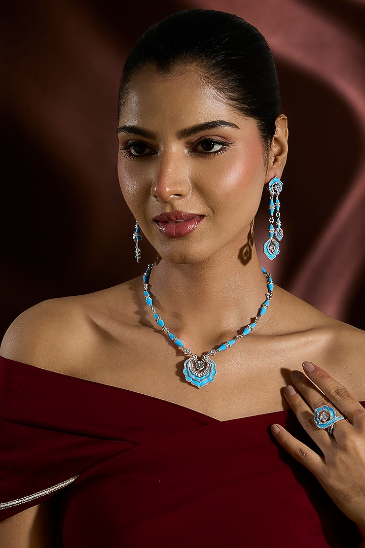 White Gold Finish Swarovski Blue Enameled Necklace Set In Sterling Silver by STELLA CREATIONS at Pernia's Pop Up Shop
