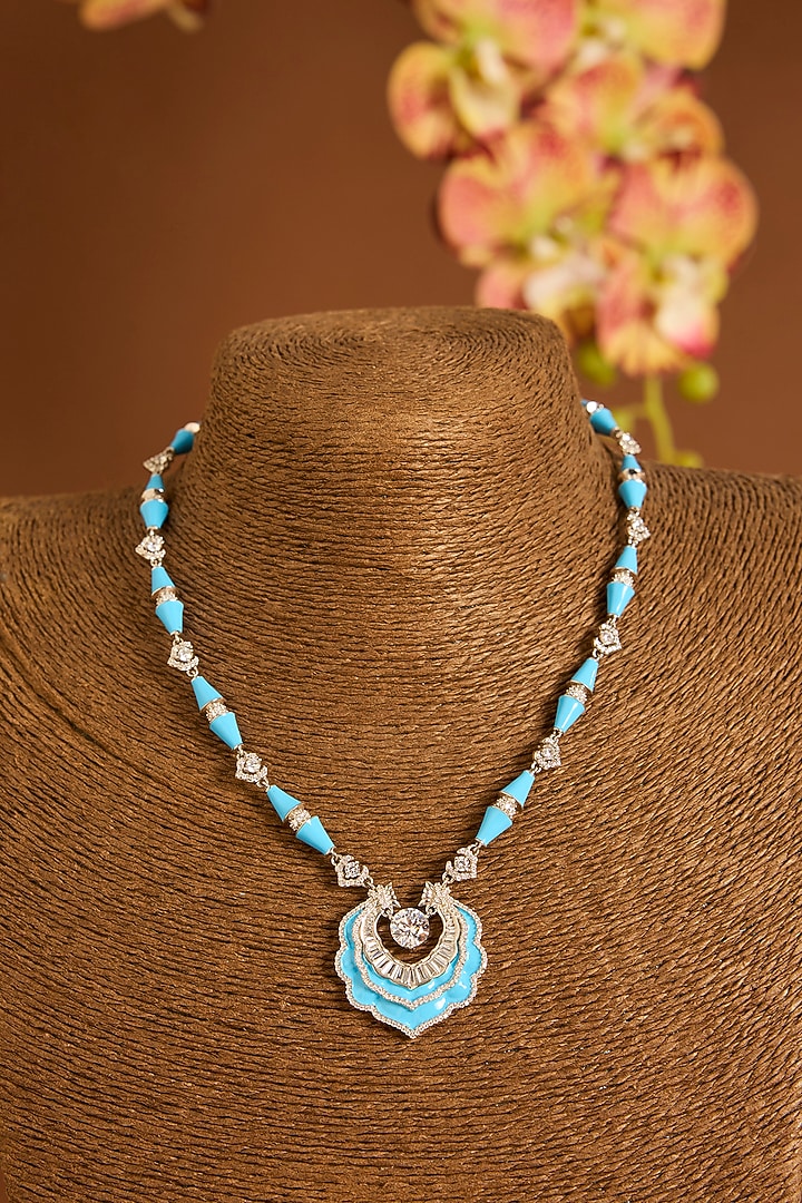 White Gold Finish Swarovski Blue Enameled Necklace Set In Sterling Silver by STELLA CREATIONS at Pernia's Pop Up Shop