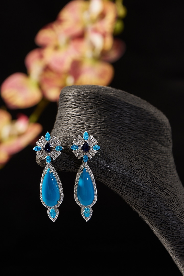 White Finish Turquoise Stone Dangler Earrings In Sterling Silver by STELLA CREATIONS at Pernia's Pop Up Shop
