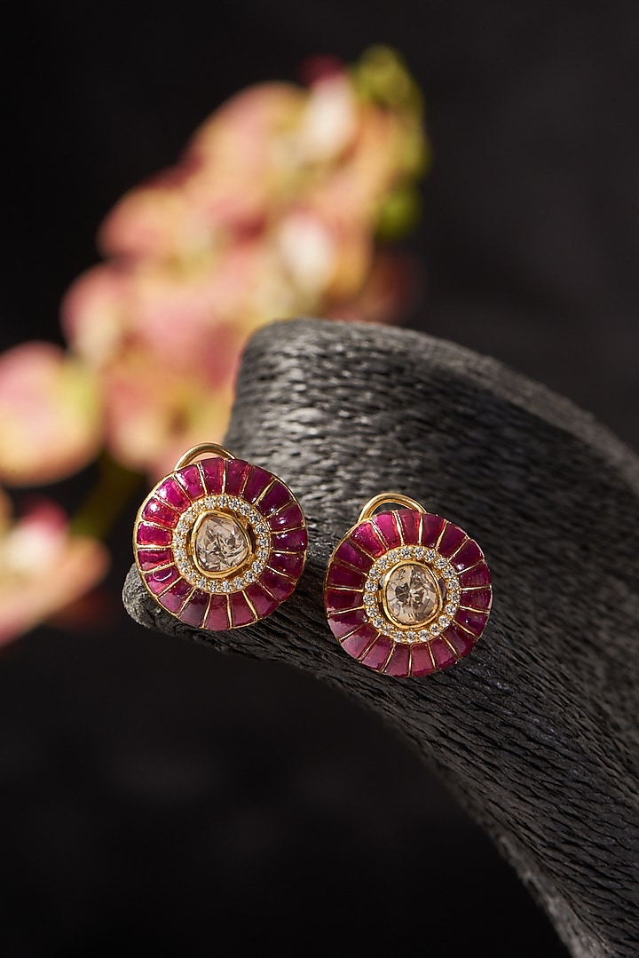 Gold Finish Ruby & Polki Stud Earrings In Sterling Silver by STELLA CREATIONS at Pernia's Pop Up Shop