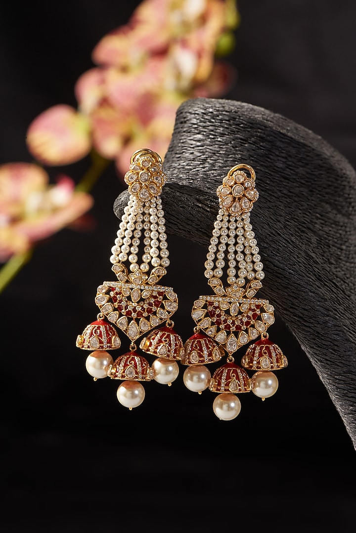 Gold Finish Ruby & Moissanite Polki Dangler Earrings In Sterling Silver by STELLA CREATIONS at Pernia's Pop Up Shop