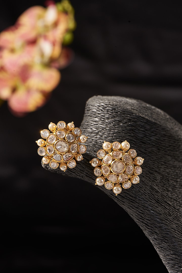 Gold Finish Pearl & Moissanite Polki Stud Earrings In Sterling Silver by STELLA CREATIONS at Pernia's Pop Up Shop