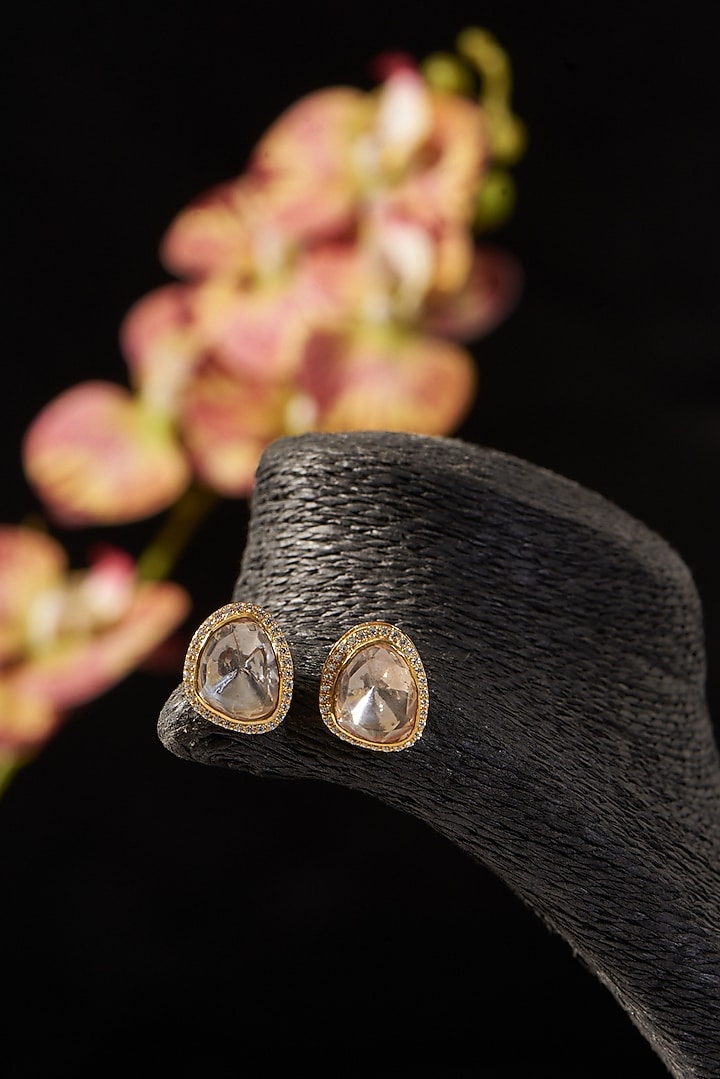 Gold Finish CZ & Moissanite Polki Stud Earrings In Sterling Silver by STELLA CREATIONS at Pernia's Pop Up Shop