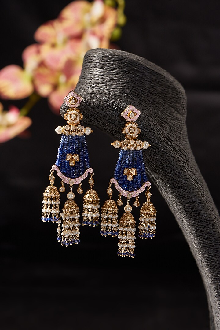 Gold Finish Sapphire & Moissanite Polki Dangler Earrings In Sterling Silver by STELLA CREATIONS at Pernia's Pop Up Shop