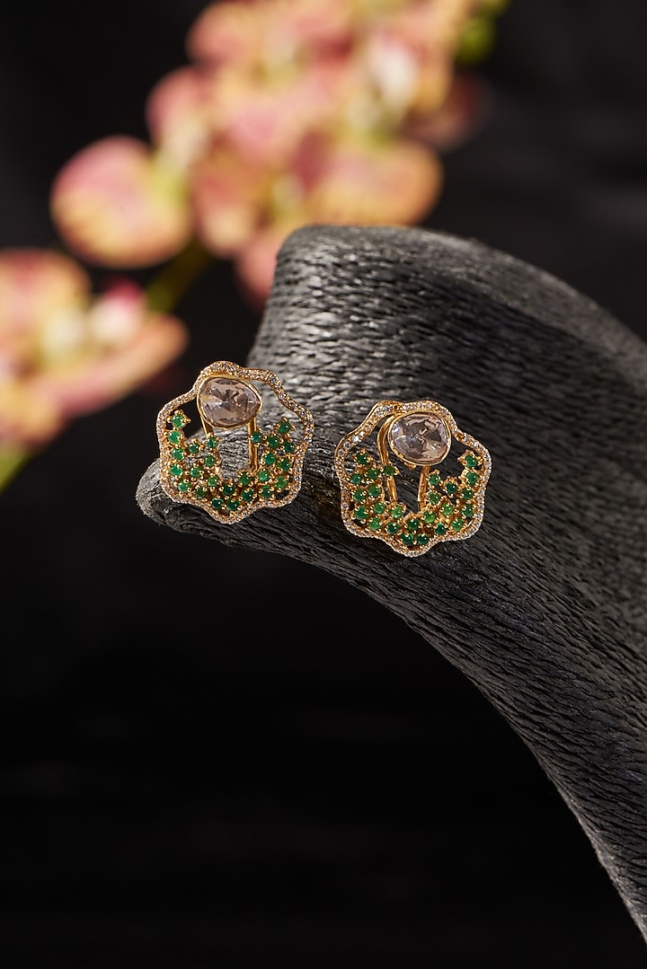 Gold Finish Emerald & Moissanite Polki Stud Earrings In Sterling Silver by STELLA CREATIONS at Pernia's Pop Up Shop