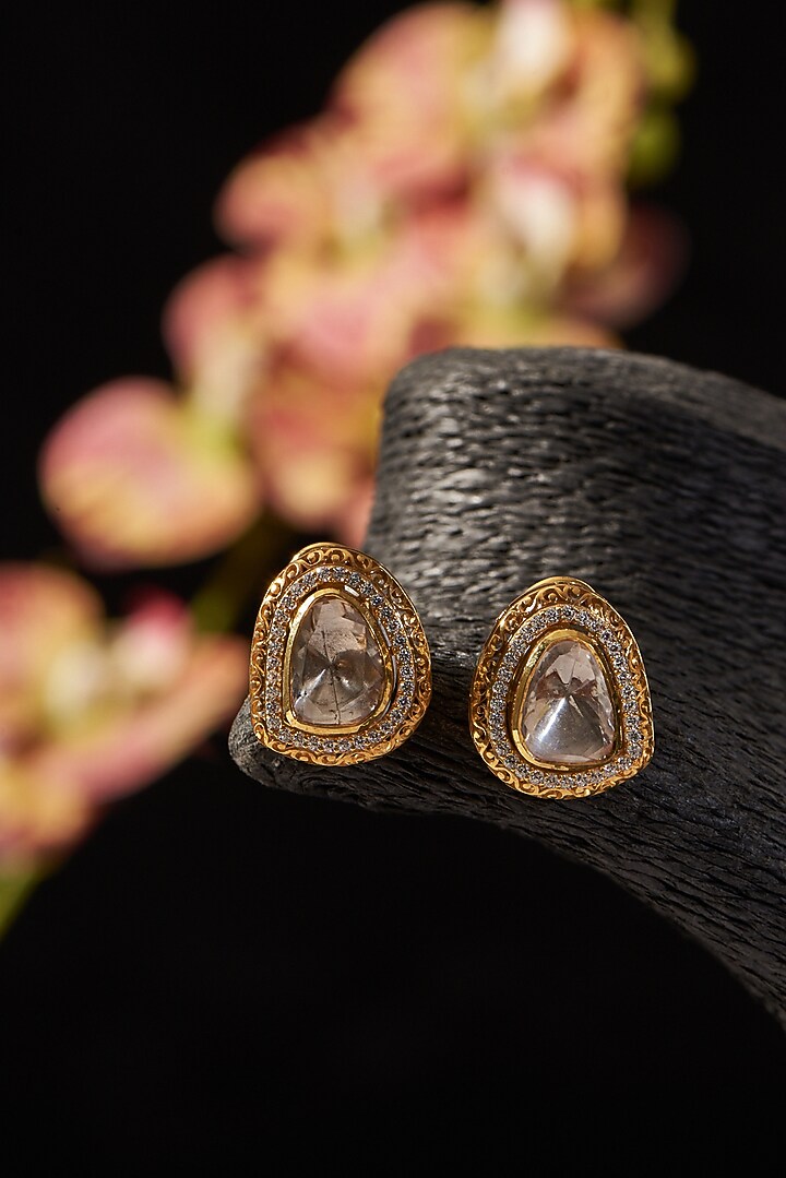 Gold Finish CZ & Moissanite Polki Stud Earrings In Sterling Silver by STELLA CREATIONS at Pernia's Pop Up Shop