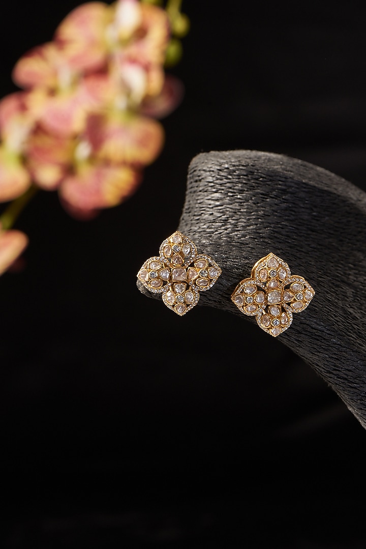 Gold Finish CZ & Moissanite Polki Stud Earrings In Sterling Silver by STELLA CREATIONS at Pernia's Pop Up Shop