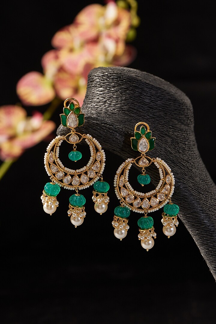 Gold Finish Emerald & Moissanite Polki Dangler Earrings In Sterling Silver by STELLA CREATIONS at Pernia's Pop Up Shop