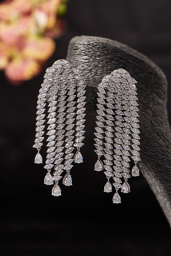 White Finish CZ Dangler Earrings In Sterling Silver by STELLA CREATIONS