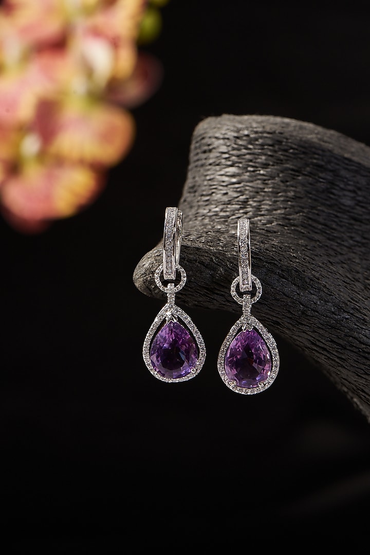 White Finish CZ & Amethyst Dangler Earrings In Sterling Silver by STELLA CREATIONS at Pernia's Pop Up Shop