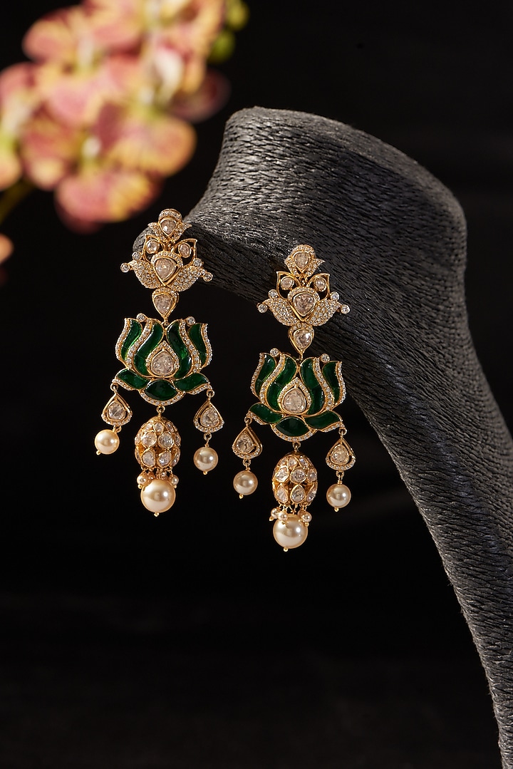 Gold Finish Emerald & Moissanite Polki Dangler Earrings In Sterling Silver by STELLA CREATIONS at Pernia's Pop Up Shop