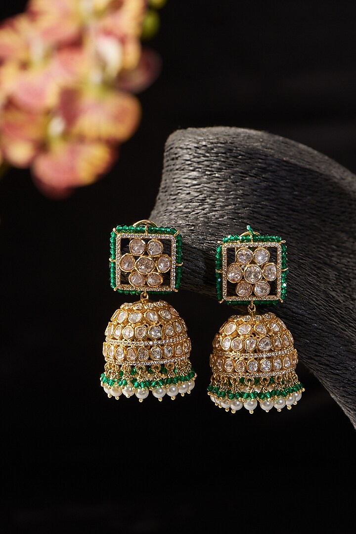 Gold Finish Emerald & Moissanite Polki Jhumka Earrings In Sterling Silver by STELLA CREATIONS at Pernia's Pop Up Shop