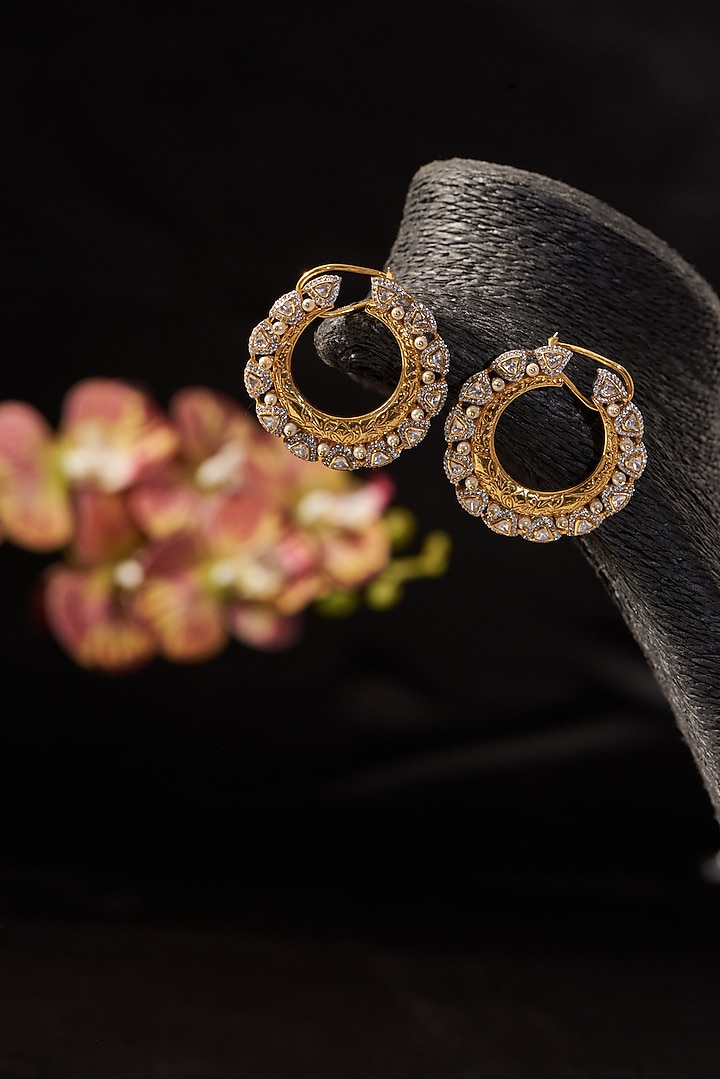 Gold Finish Pearl & Moissanite Polki Hoop Earrings In Sterling Silver by STELLA CREATIONS at Pernia's Pop Up Shop