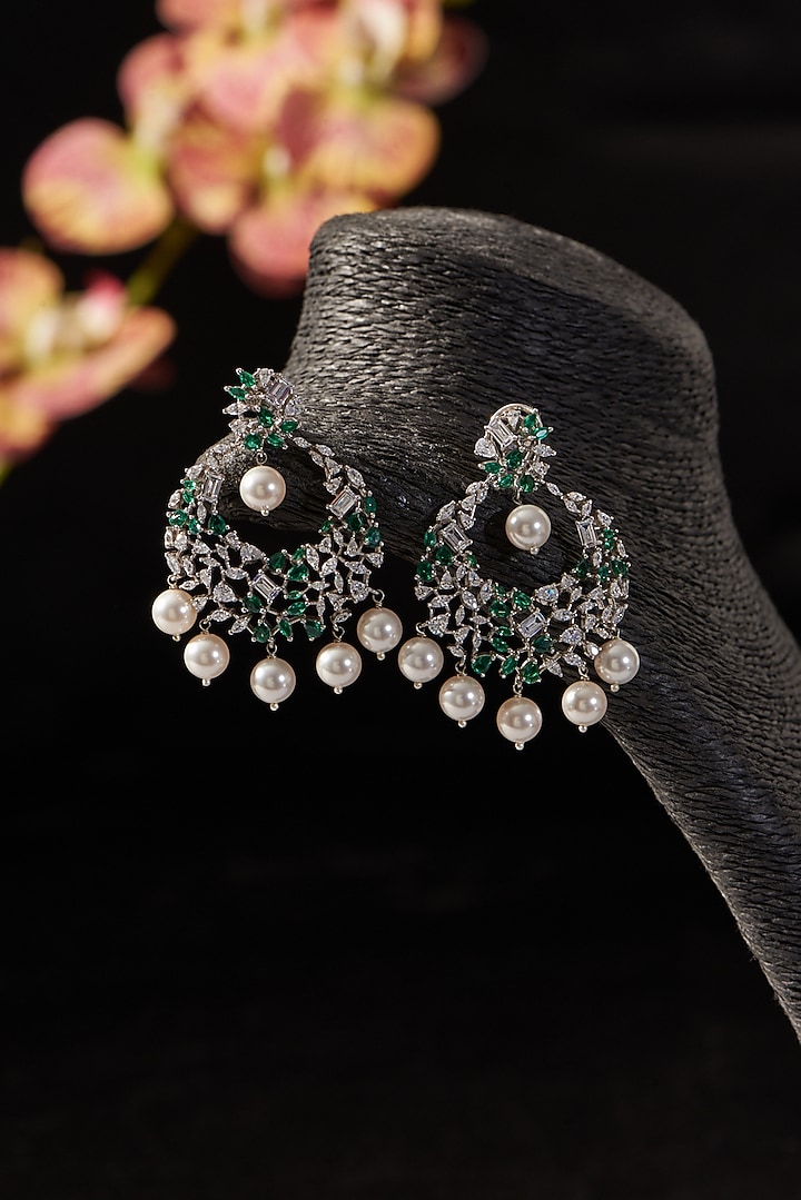 White Finish Emerald & Pearl Chandbali Earrings In Sterling Silver by STELLA CREATIONS at Pernia's Pop Up Shop