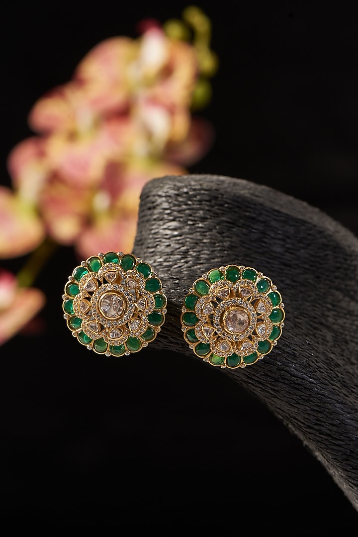 Gold Finish Emerald & Moissanite Polki Stud Earrings In Sterling Silver by STELLA CREATIONS at Pernia's Pop Up Shop
