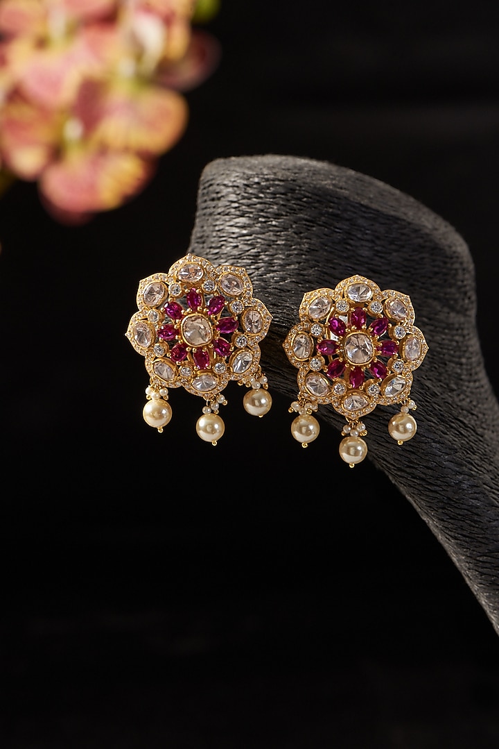 Gold Finish Ruby & Moissanite Polki Stud Earrings In Sterling Silver by STELLA CREATIONS at Pernia's Pop Up Shop