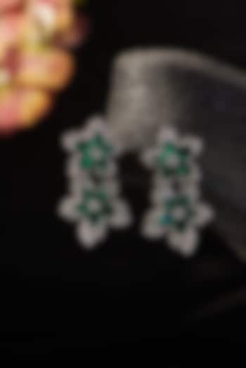 White Finish Emerald & Zircon Dangler Earrings In Sterling Silver by STELLA CREATIONS