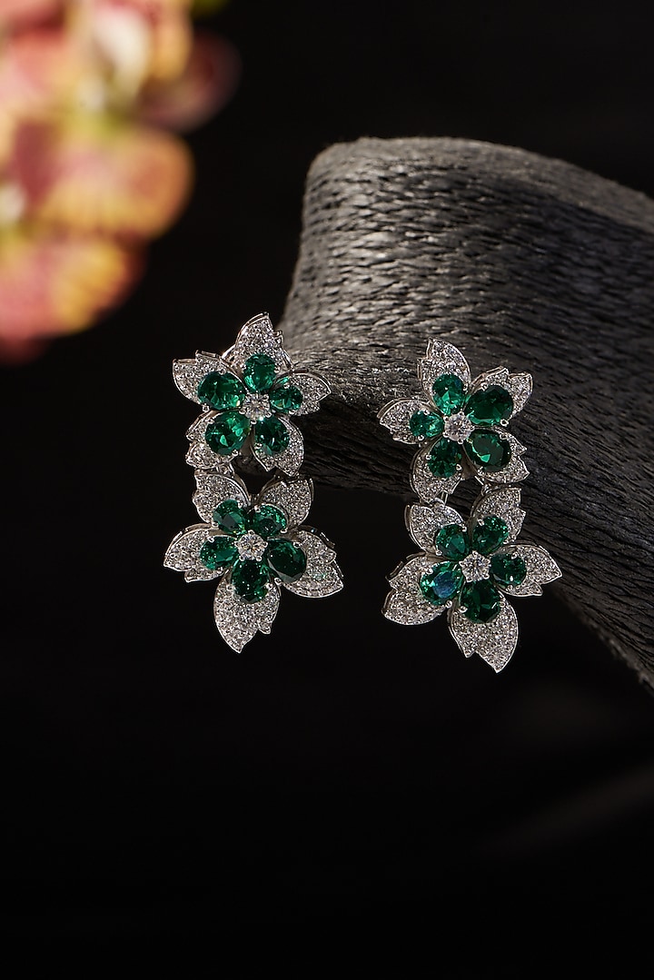 White Finish Emerald & Zircon Dangler Earrings In Sterling Silver by STELLA CREATIONS