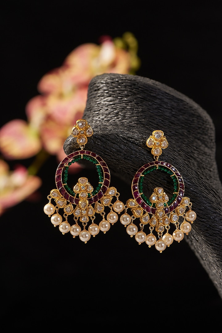 Gold Finish Ruby & Moissanite Polki Chandbali Earrings In Sterling Silver by STELLA CREATIONS at Pernia's Pop Up Shop