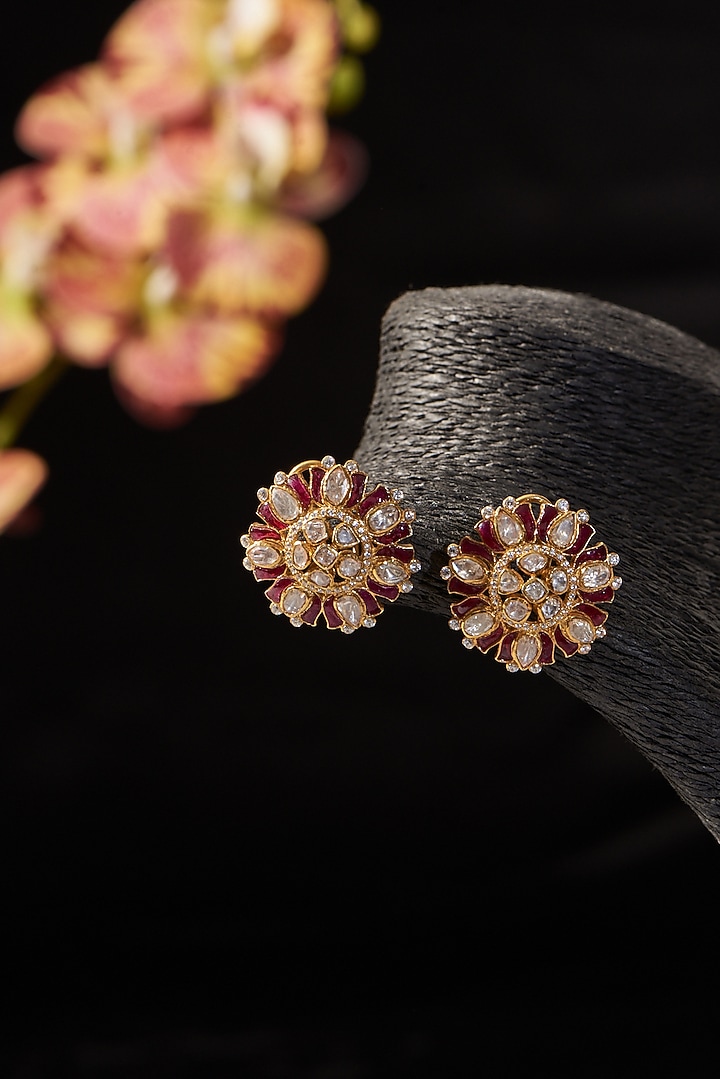 Gold Finish Ruby & Moissanite Polki Stud Earrings In Sterling Silver by STELLA CREATIONS at Pernia's Pop Up Shop