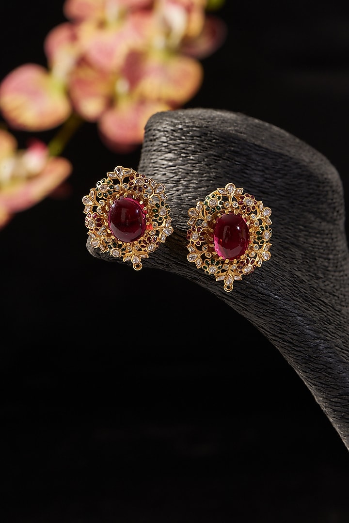 Gold Finish CZ & Ruby Stud Earrings In Sterling Silver by STELLA CREATIONS