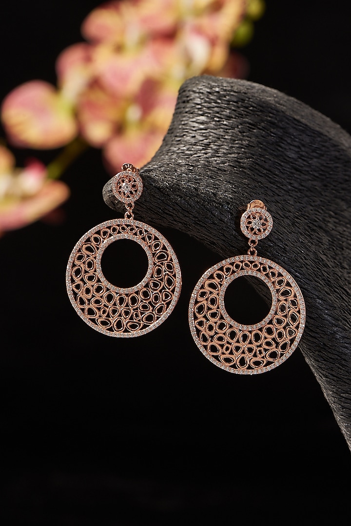 Rose Gold Finish CZ Dangler Earrings In Sterling Silver by STELLA CREATIONS