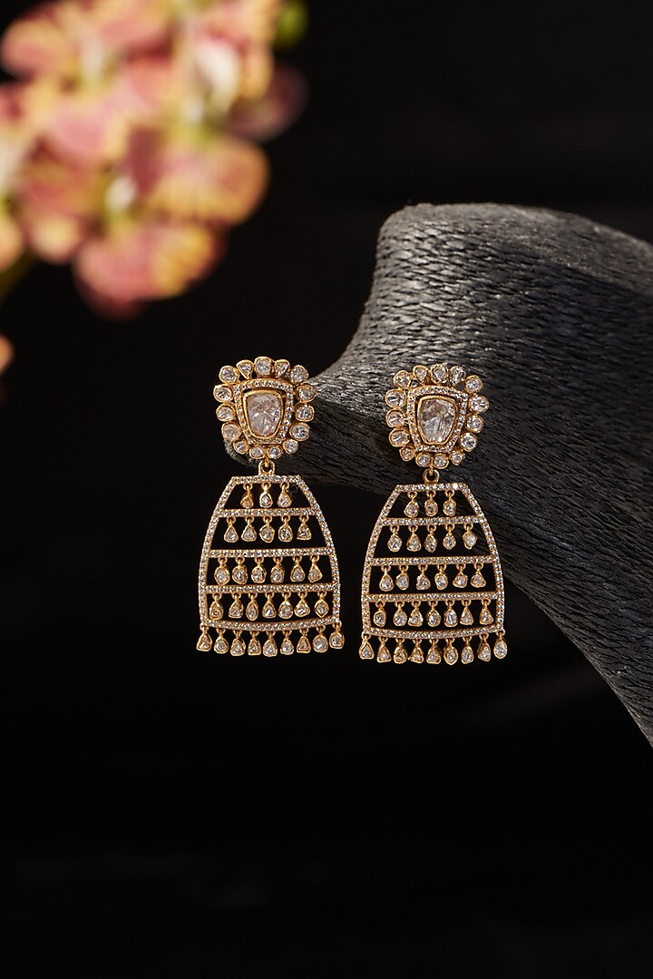 Gold Finish Moissanite Polki & CZ Dangler Earrings In Sterling Silver by STELLA CREATIONS at Pernia's Pop Up Shop